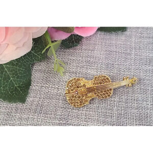Vintage Violin Brooch, Gold‎ Tone With Amber Rhinestones